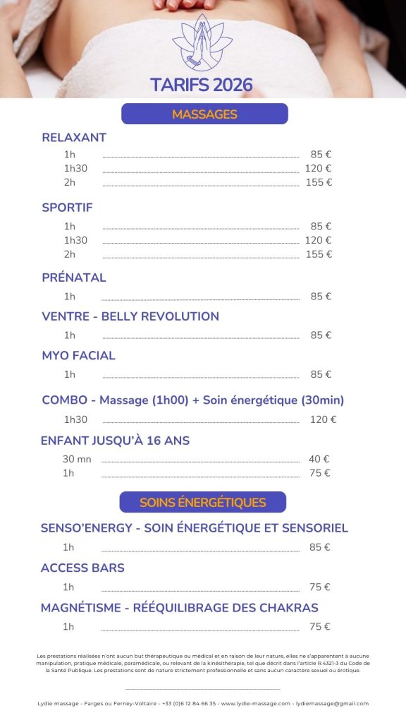 TARIFS 2026 Lydie Massage